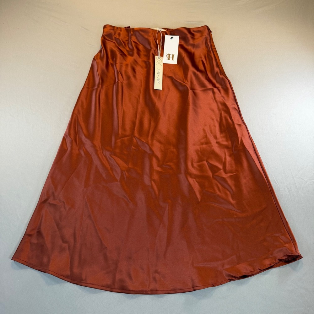 Rust Orange Satin Midi Slip Skirt M Boho Fall Luxury Earthy Minimalist Old Money